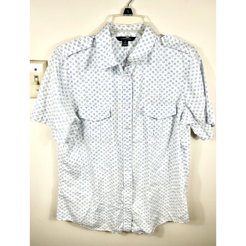 Lands' End Blue Ditsy Floral Top Womens M Safari Utility Chic Button Down Preppy